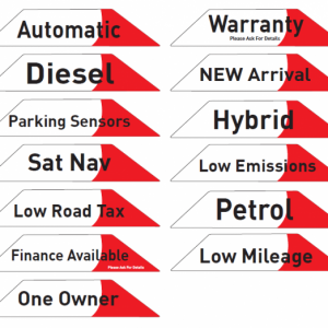 Two columns of autosigns windscreen flashes with various slogans