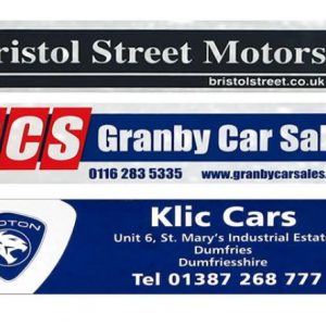 Three different sized rectangular rear window stickers with different designs