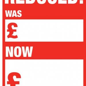 White reduced, was, now text printed onto red